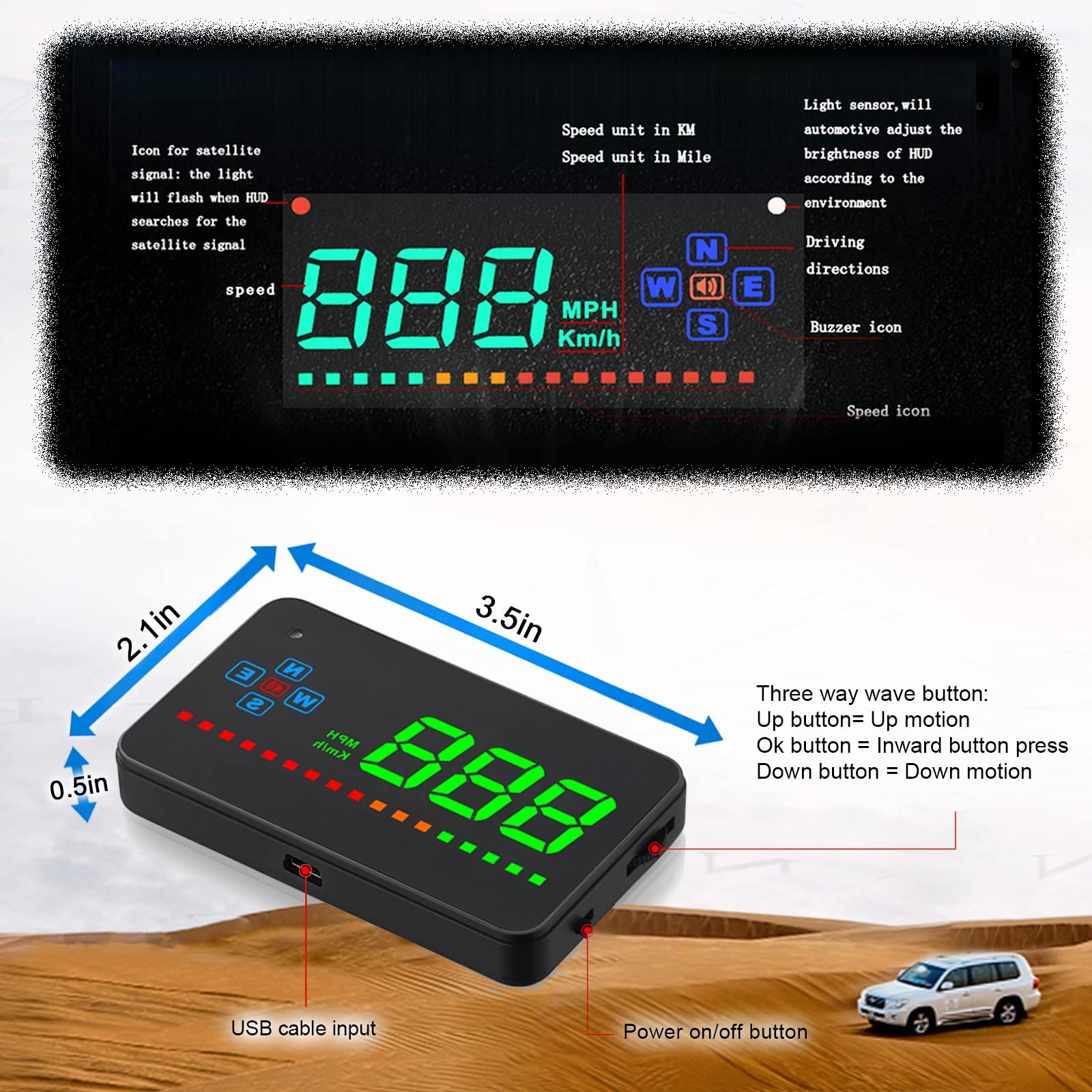 iKiKin Head Up Display Auto, HUD GPS für Alle Autos und LKWs, Windschild-LED-Projektor mit HUD-Reflexionsfilm, Geographisches Positionierungs System Tachometer, Plug & Play