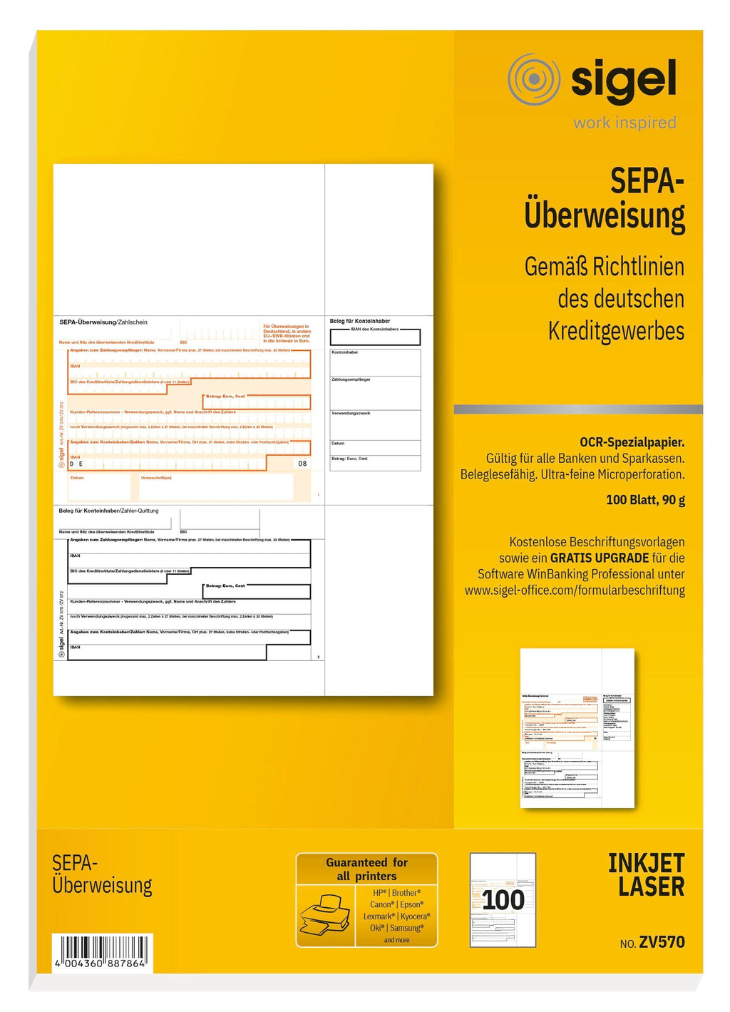SIGEL ZV570 SEPA-Überweisungen, A4, 100 Blatt, Überweisungsträger / Zahlschein, mit gratis Beschriftungsvorlage