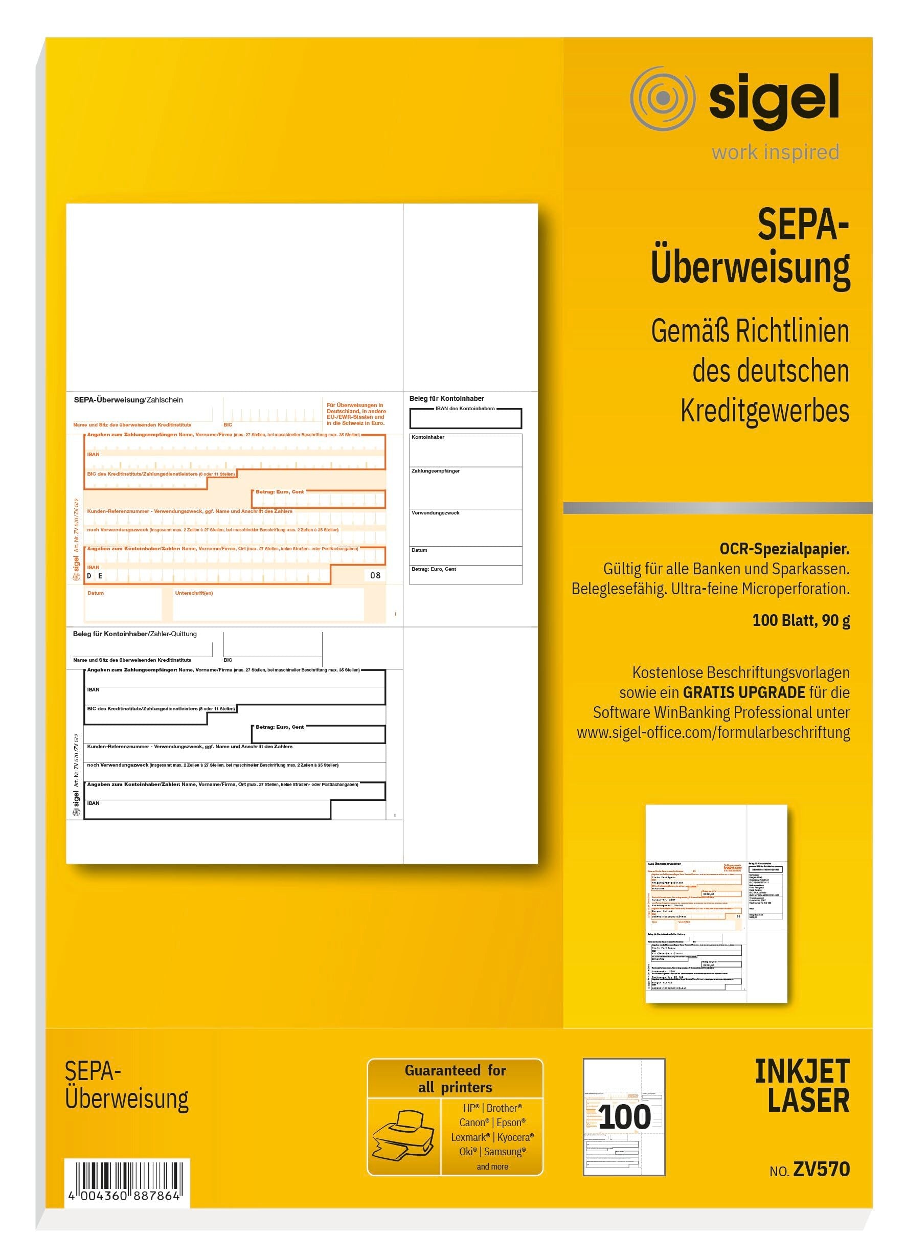 SIGEL ZV570 SEPA-Überweisungen, A4, 100 Blatt, Überweisungsträger / Zahlschein, mit gratis Beschriftungsvorlage
