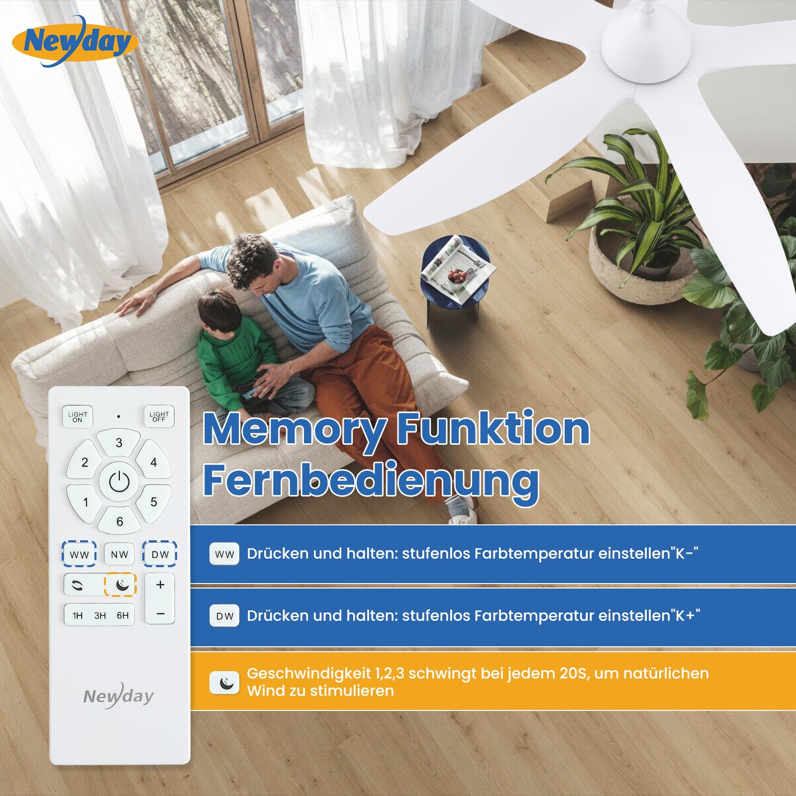 Newday Deckenventilatoren Große 153CM, Deckenventilator Weiß mit Beleuchtung und Fernbedienung Leise, Ventilator Lampe Decke mit 5 Flügel, Motor DC Reversibel, Speicherfunktion, Stufenloser Dimmer