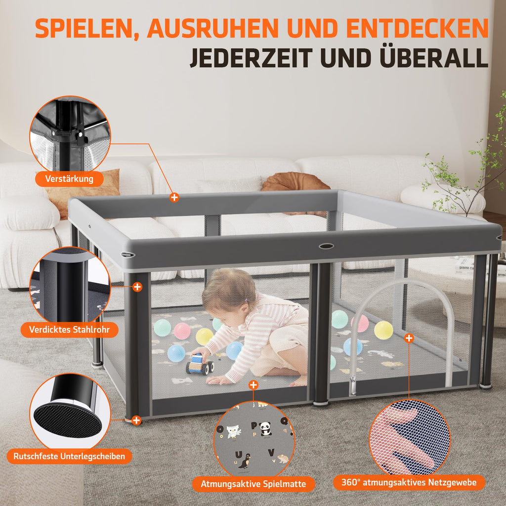 laufstall baby faltbar mit Matte,127x127,zusammenklappbarer Laufstall für Babys und Kleinkinder,Sicherheitslaufstall für Kinder im Innen-und Außenbereich,tragbarer Reiselaufstall und 50 Ozeanbällen