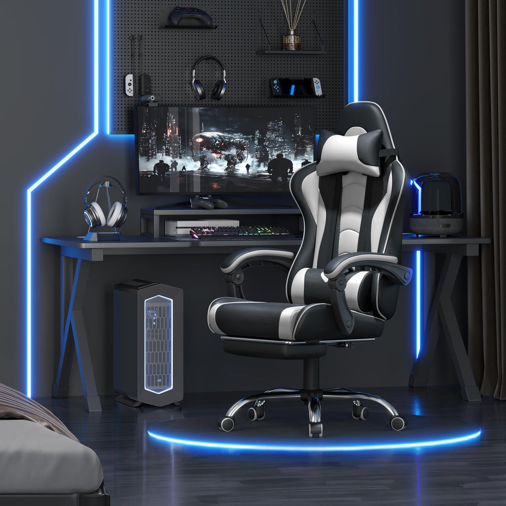 Yaheetech Gaming Stuhl Ergonomischer Gamer Stuhl mit Massagefunktion Computerstuhl mit Fußstütze Bürostuhl 90-135° Rückenlehne verstellbar Gaming Sessel PC Stuhl Weiß