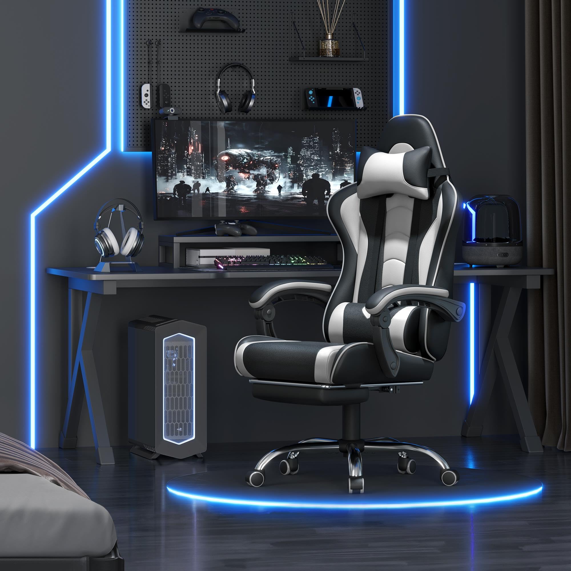Yaheetech Gaming Stuhl Ergonomischer Gamer Stuhl mit Massagefunktion Computerstuhl mit Fußstütze Bürostuhl 90-135° Rückenlehne verstellbar Gaming Sessel PC Stuhl Weiß