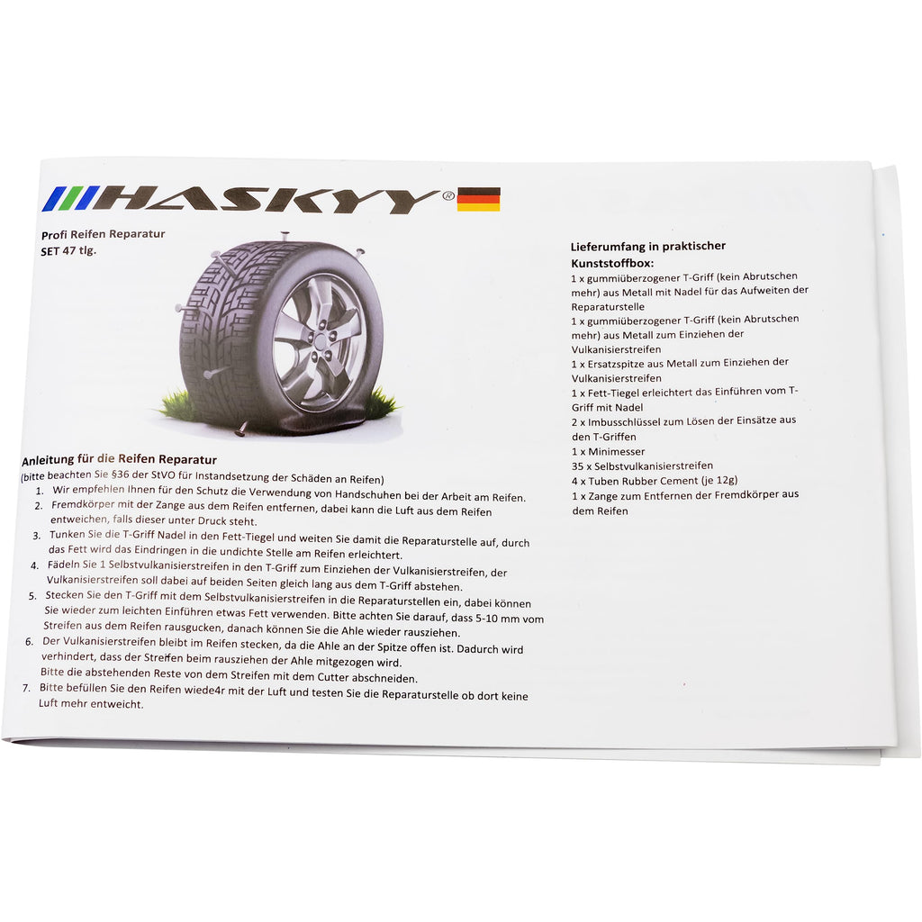 47 tlg. Reifenreparatur Set für I PKW Autos LKW Motorrad I QUAD ATVs UTVs I Traktoren Schlepper Rasenmäher Anhänger Trailer I Trucks Jeeps SUVs I Anleitung in 7 Sprachen