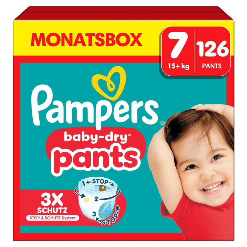 Pampers Baby-Dry Pants Größe 7, 126 Windeln, 15kg+, 360grad Passform hilft, Auslaufen zu verhindern