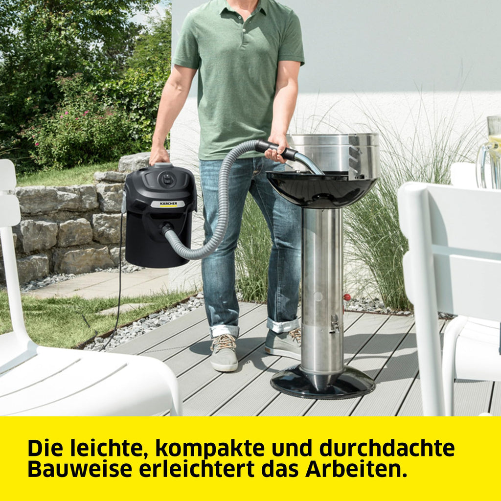 Karcher Asche- und Trockensauger AD 2, Nennleistungsaufnahme: 600 W, Metallbehälter: 14 l, Saugschlauch: 1,2 m, integrierte Filterabreinigung, Flachfaltenfilter, Metall-Grobschmutzfilter