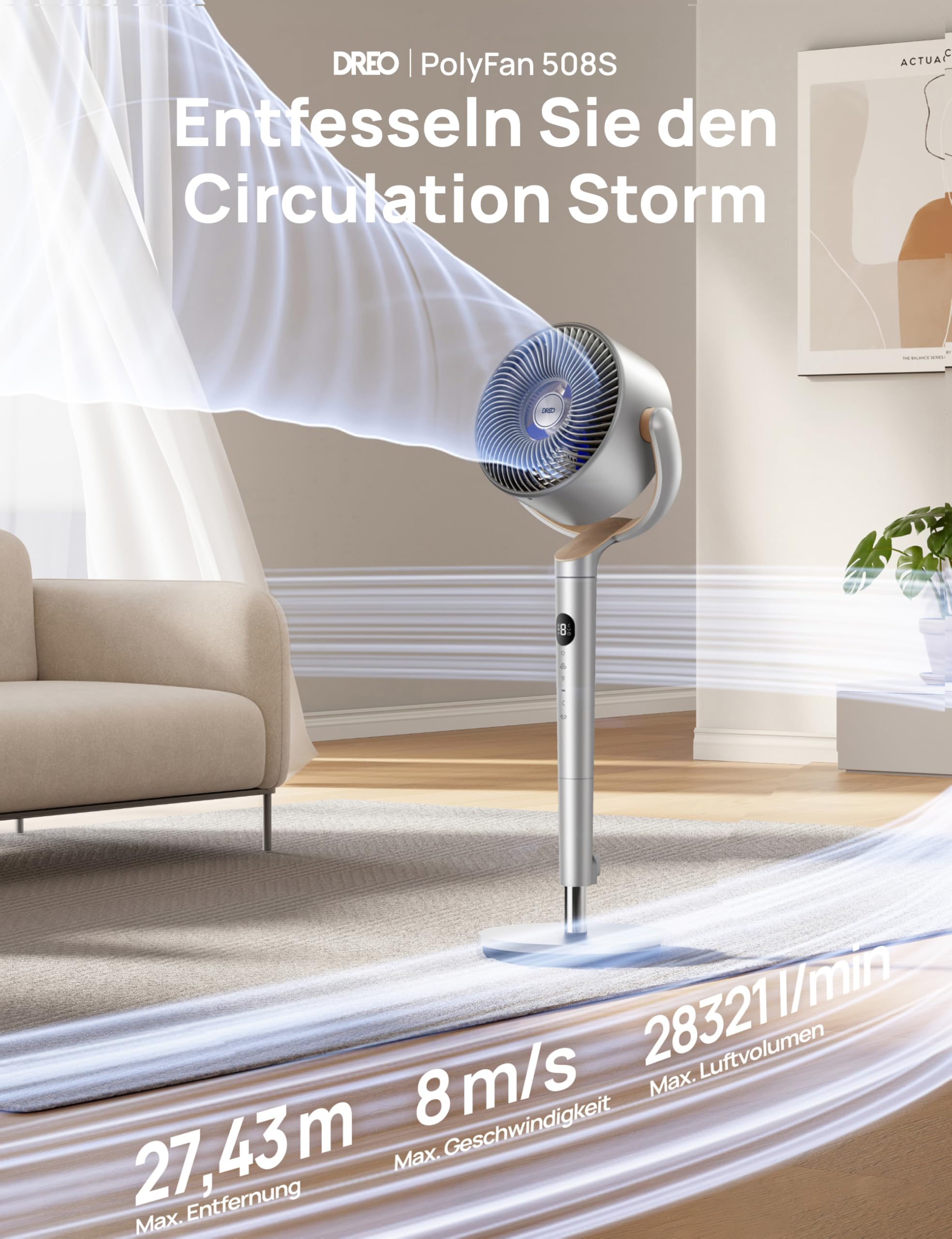 Dreo Smart Standventilator mit RGB Light, 120° +120° Oszillierender Ventilator mit Fernbedienung, 20dB Leiser Bodenventilator für Schlafzimmer, 8H Timer, Silber