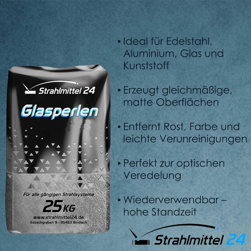 25 KG GLASPERLEN STRAHLMASTER STRAHLMITTEL 70-110 µm STRAHLGUT GLASPERLEN SANDSTRAHLEN MICROGLASPERLEN