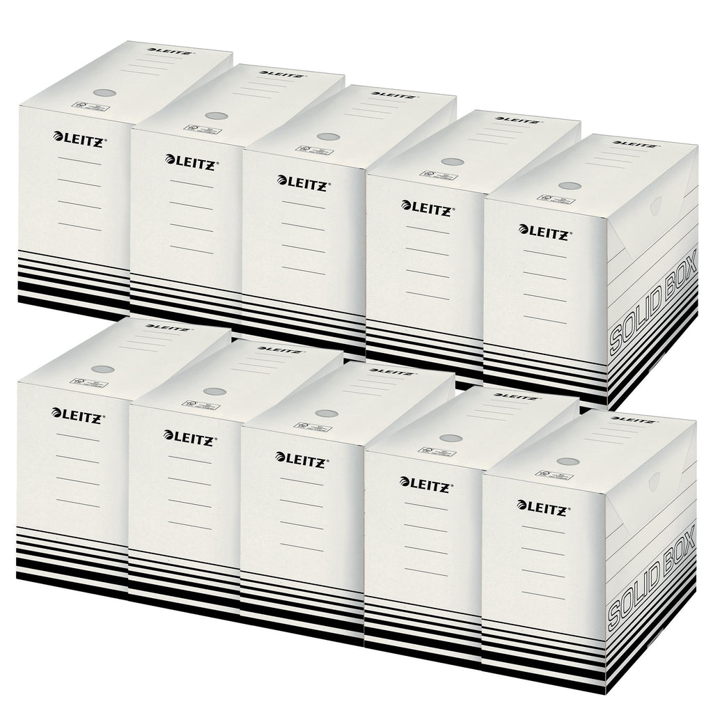 Leitz Solid Box Archiv-Schachtel, 150 mm Rückenbreite, A4 Faltkarton mit Lasche, Aufbewahrungsbox für bis zu 1400 Blatt, Lagerbox aus 100 % geriffelten Recyclingkarton,10 Stück,Weiß/Schwarz,61290001