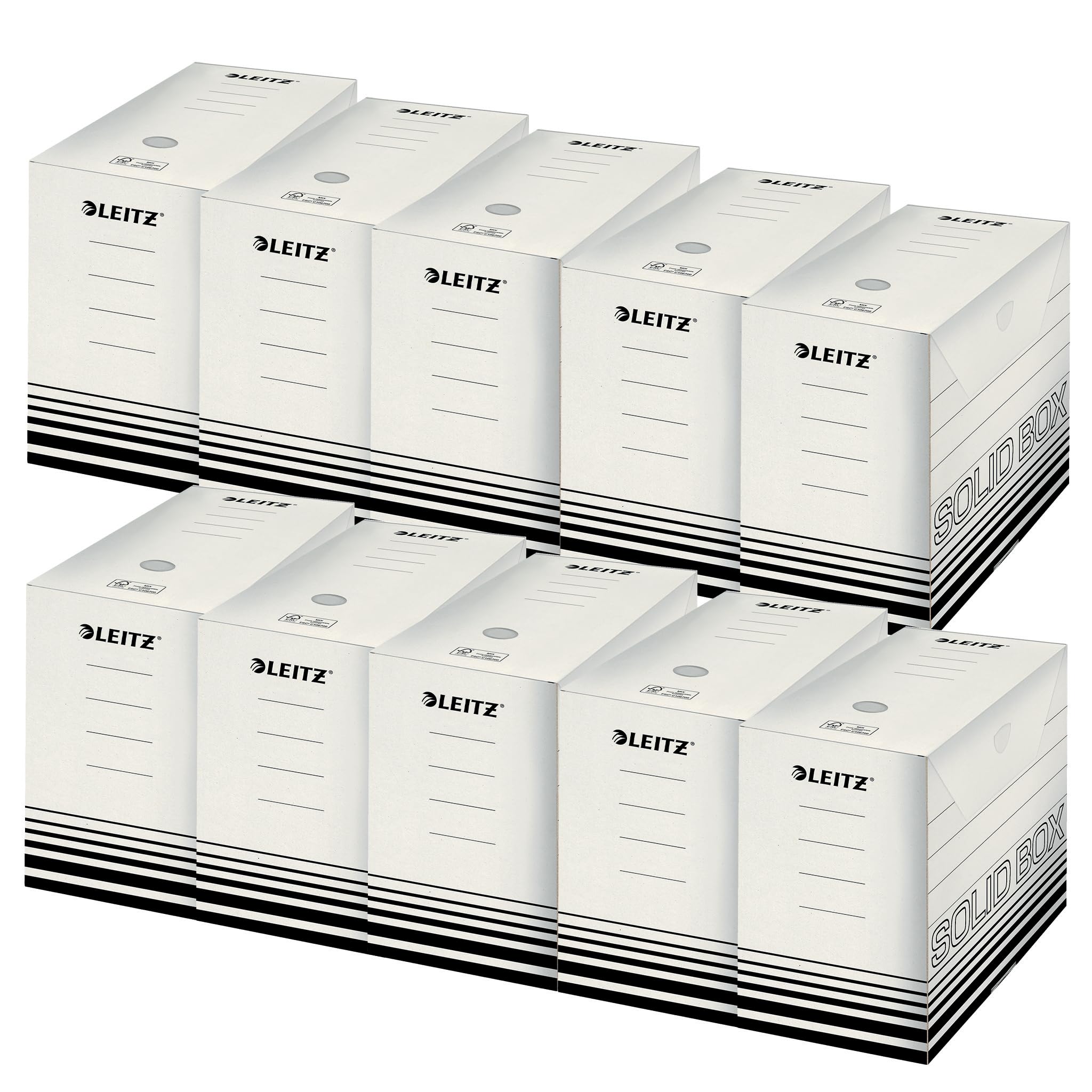 Leitz Solid Box Archiv-Schachtel, 150 mm Rückenbreite, A4 Faltkarton mit Lasche, Aufbewahrungsbox für bis zu 1400 Blatt, Lagerbox aus 100 % geriffelten Recyclingkarton,10 Stück,Weiß/Schwarz,61290001