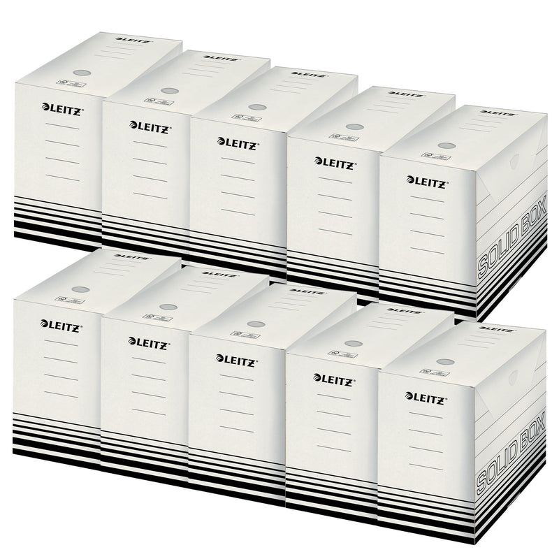 Leitz Solid Box Archiv-Schachtel, 150 mm Rückenbreite, A4 Faltkarton mit Lasche, Aufbewahrungsbox für bis zu 1400 Blatt, Lagerbox aus 100 % geriffelten Recyclingkarton,10 Stück,Weiß/Schwarz,61290001