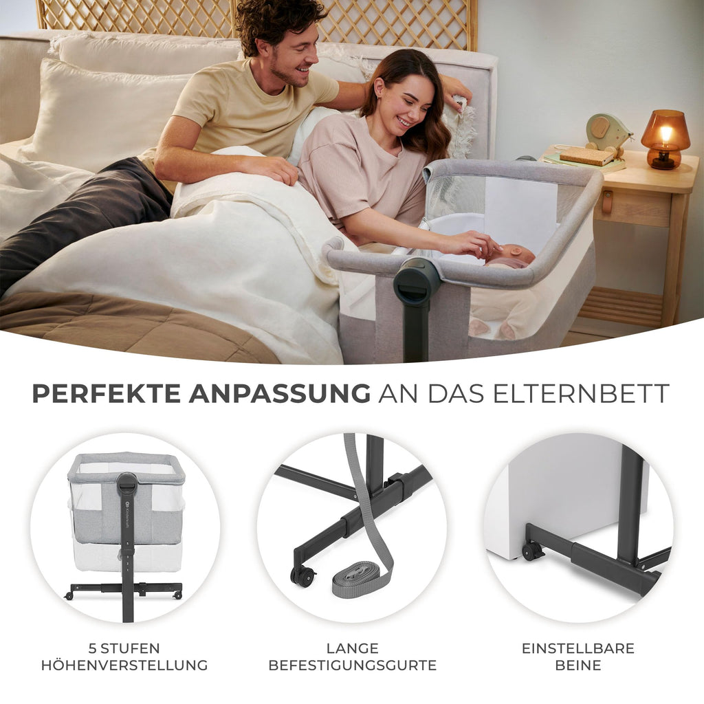 Kinderkraft Neste UP2 Beistellbett 2 in 1, Kinderreisebett mit Matratze Laken, 5-stufige Matratzenhöhenverstellung, 4 Rädern mit Bremse, Weichen Material, Leichte Konstruktion, Grau