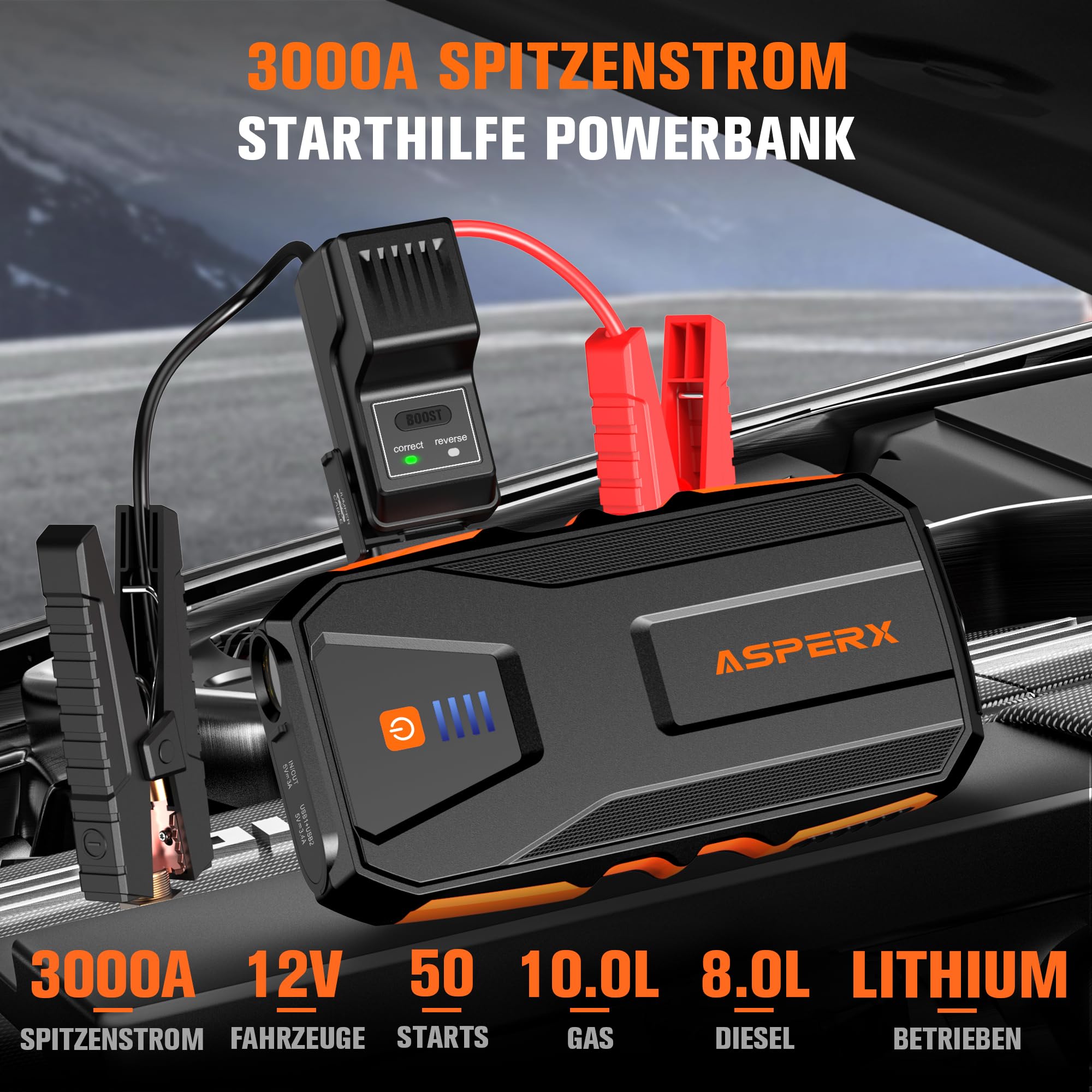 AsperX Starthilfe Powerbank 3000A 12V(Bis Zu 10,0L Benzin oder 8,0L Diesel) Auto Starthilfe mit Starthilfekabel,LED Taschenlampe,IP64 Wasserdicht,Jump Starter für PKW LKW UTV Van Motorrad