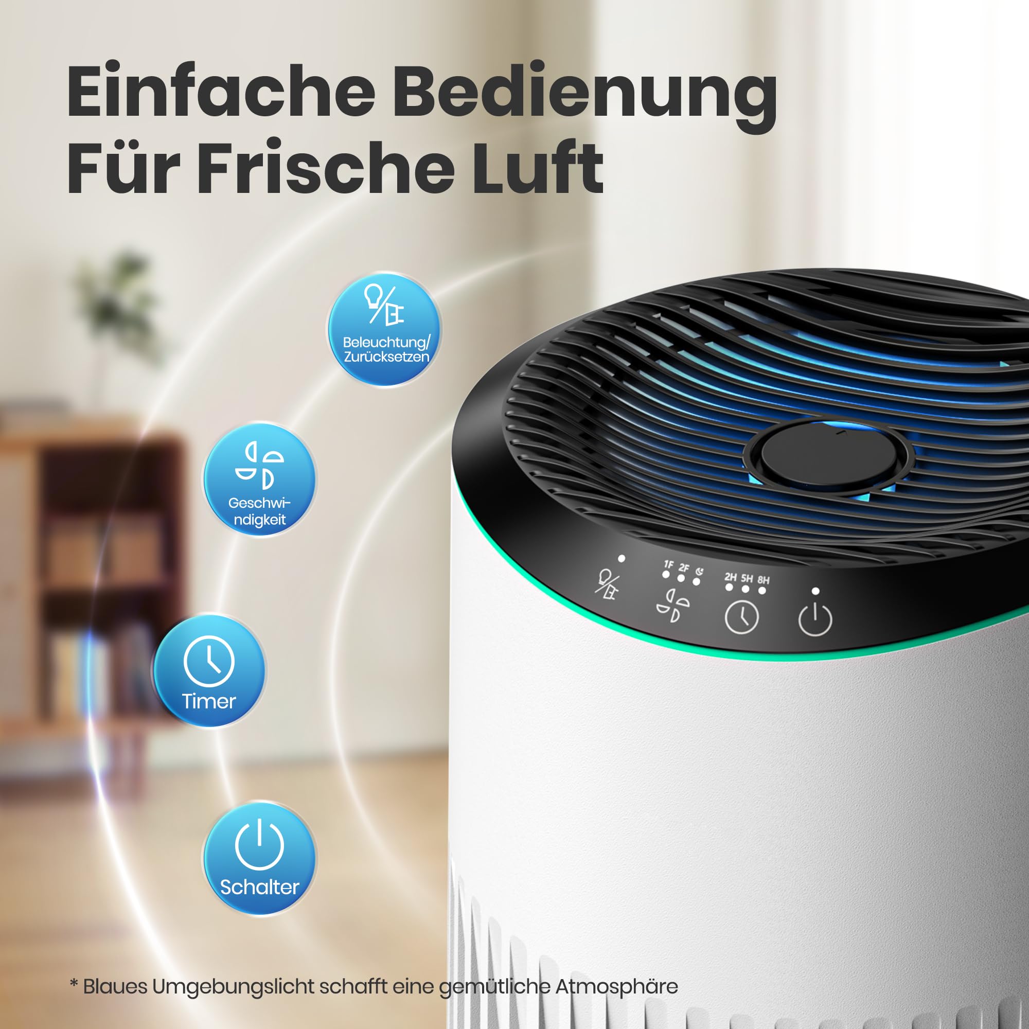 Operan Luftreiniger Allergiker für Zuhause Schlafzimmer Büro, HEPA Luftfilter Raucherzimmer für Rauch Haustier Schuppen Gerüche bis zu 0,3 µm, Schlafmodus Blaues Umgebungslicht mit Duftschwamm, White