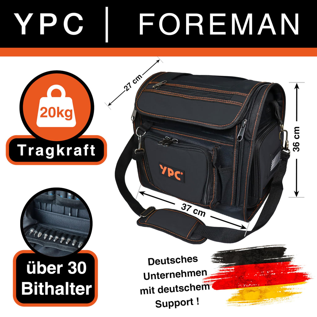 YPC Foreman Werkzeugtasche XL– Tragbare Aufbewahrungstasche mit Karabinerhaken, Wasserfest, Reißfest, Stabiler Metallgriff & Schultergurt mit Polsterung, Schwarz, 37x36x27cm – 20 kg Tragkraft