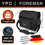 YPC Foreman Werkzeugtasche XL– Tragbare Aufbewahrungstasche mit Karabinerhaken, Wasserfest, Reißfest, Stabiler Metallgriff & Schultergurt mit Polsterung, Schwarz, 37x36x27cm – 20 kg Tragkraft