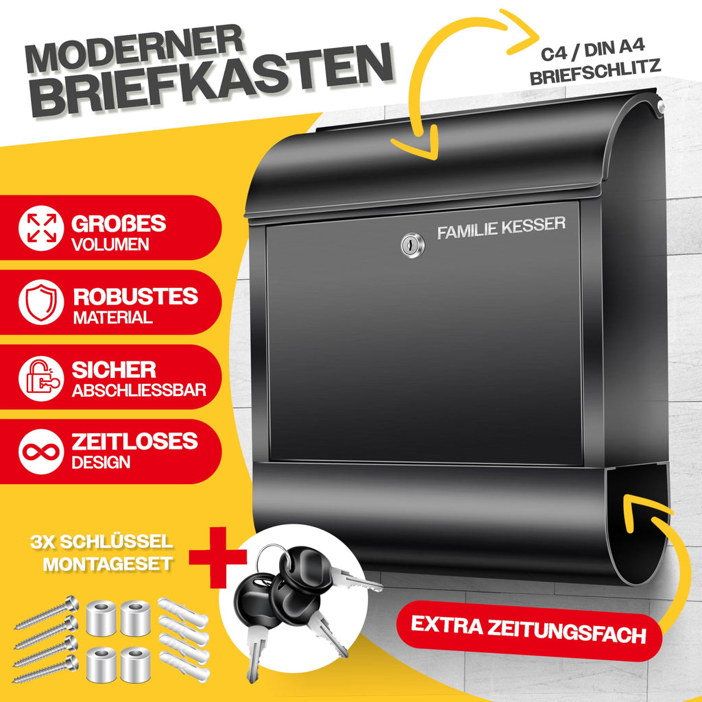 KESSER® XXL Briefkasten Edelstahl mit Zeitungsfach, gebürstet, 3X Schlüssel abschließbar, Pulverbeschichtet, Wandmontage, groß Front-Einwurf: DIN C4 = DIN A4, inkl. Montagematerial, Schwarz