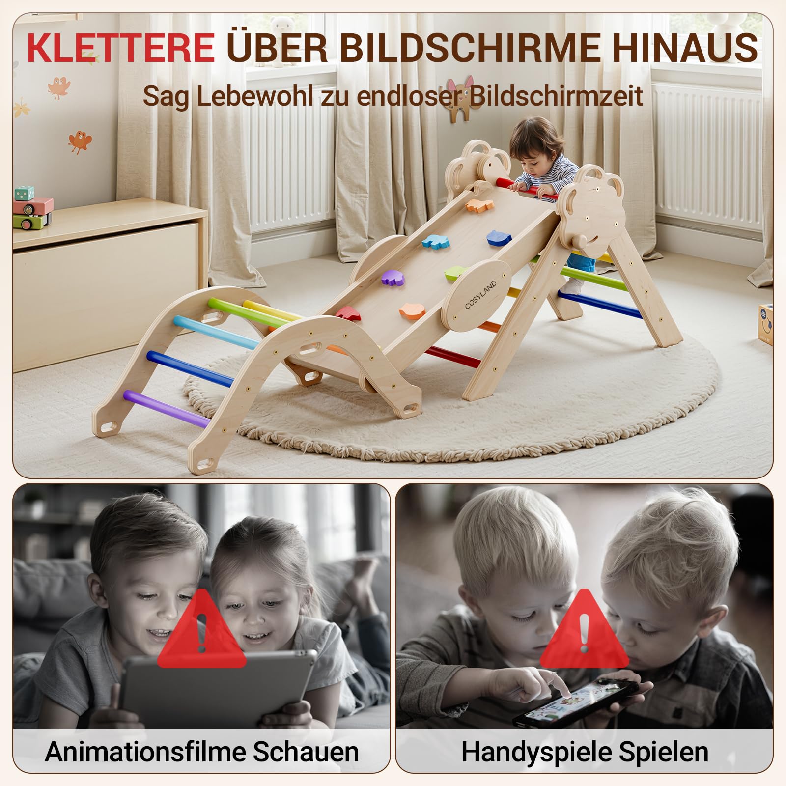 COSYLAND 8-in-1 Montessori Klettergerüst Indoor ab 1 Jahr – Kletterdreieck mit Rutsche, Kletterbogen & Kletterturm, Klassischer Regenbogen – Indoor Klettergerüst für Kinder, Baby Klettern Indoor