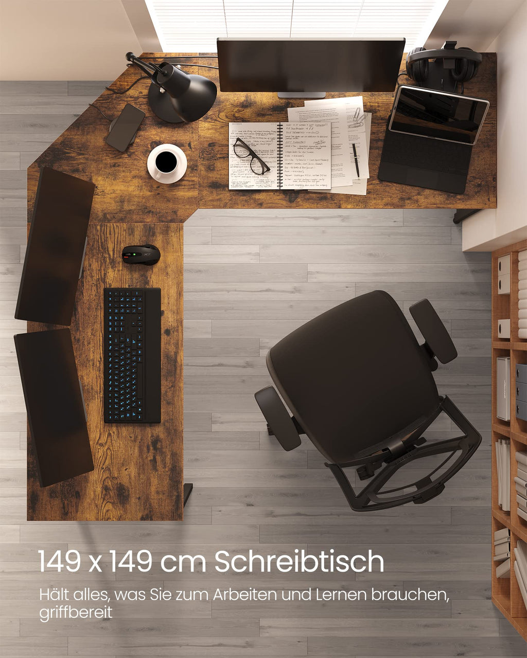 VASAGLE Eckschreibtisch, L-förmiger Computertisch, 149 x 149 x 76 cm, platzsparender Bürotisch, Homeoffice, Gaming, vintagebraun-tintenschwarz LWD73X