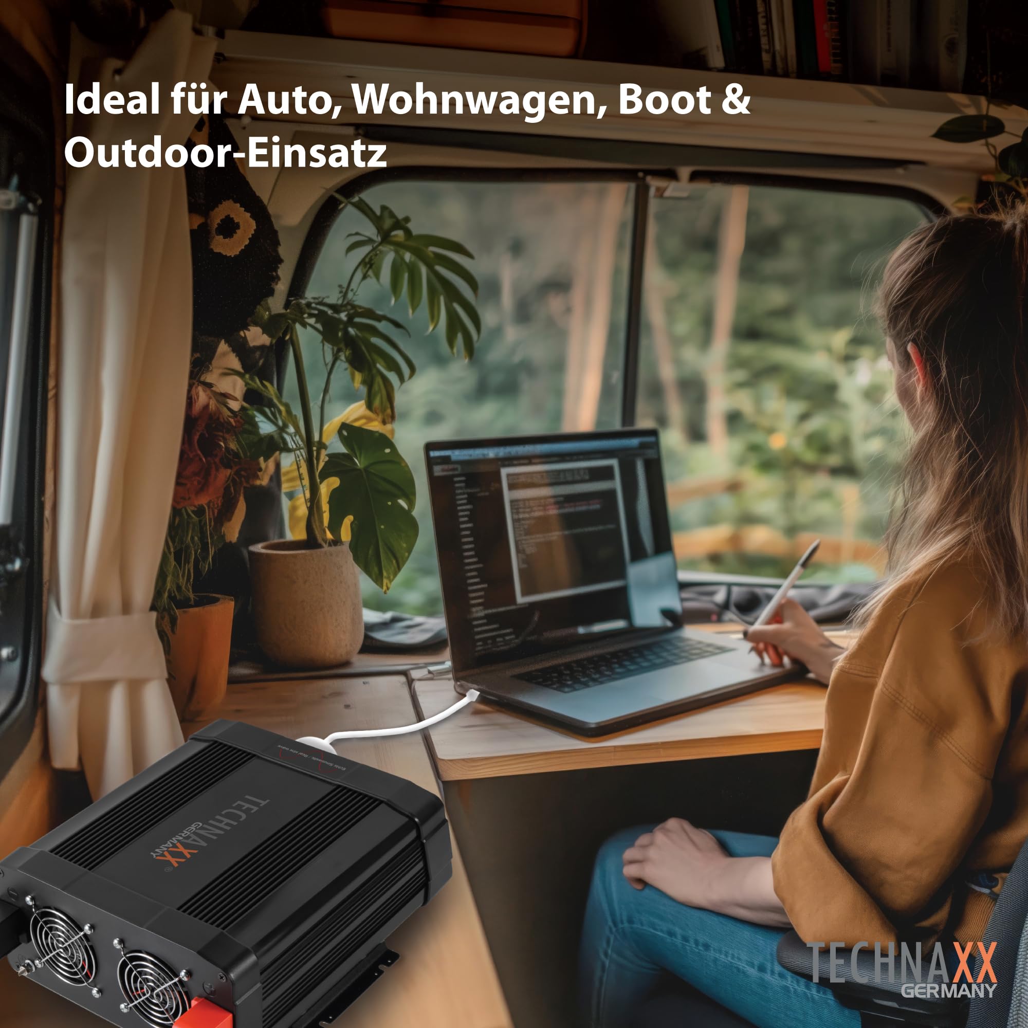 Technaxx KFZ Wechselrichter 12V auf 230V Reiner Sinus 3000W/6000W –TÜV-zertifizierter Auto Spannungswandler mit LC-Display, 2X Schuko&USB-A QC 3.0 + USB-C – Inverter für Wohnmobil, Camping, Boot–TE23