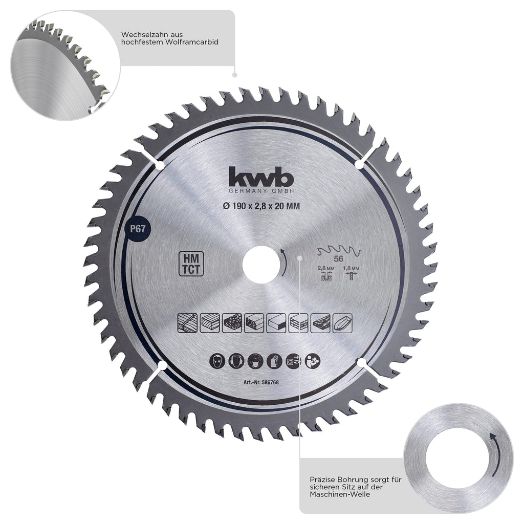 kwb Kreissägeblatt 190 x 30 mm, sehr feiner Schnitt, Sägeblatt geeignet für Arbeitsplatten, Holz und beschichtete Platten