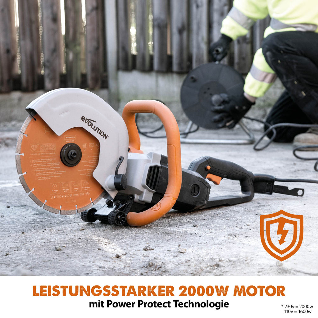 Evolution R255DCT Betonsäge Elektrische Steinsäge 2000W Steinschneidemaschine 255 mm Scheibendurchmesser Sägeblatt Premium Diamantblatt, 102.5 mm Schnitttiefe, schneidet Mauerwerk Gehwegplatten Beton