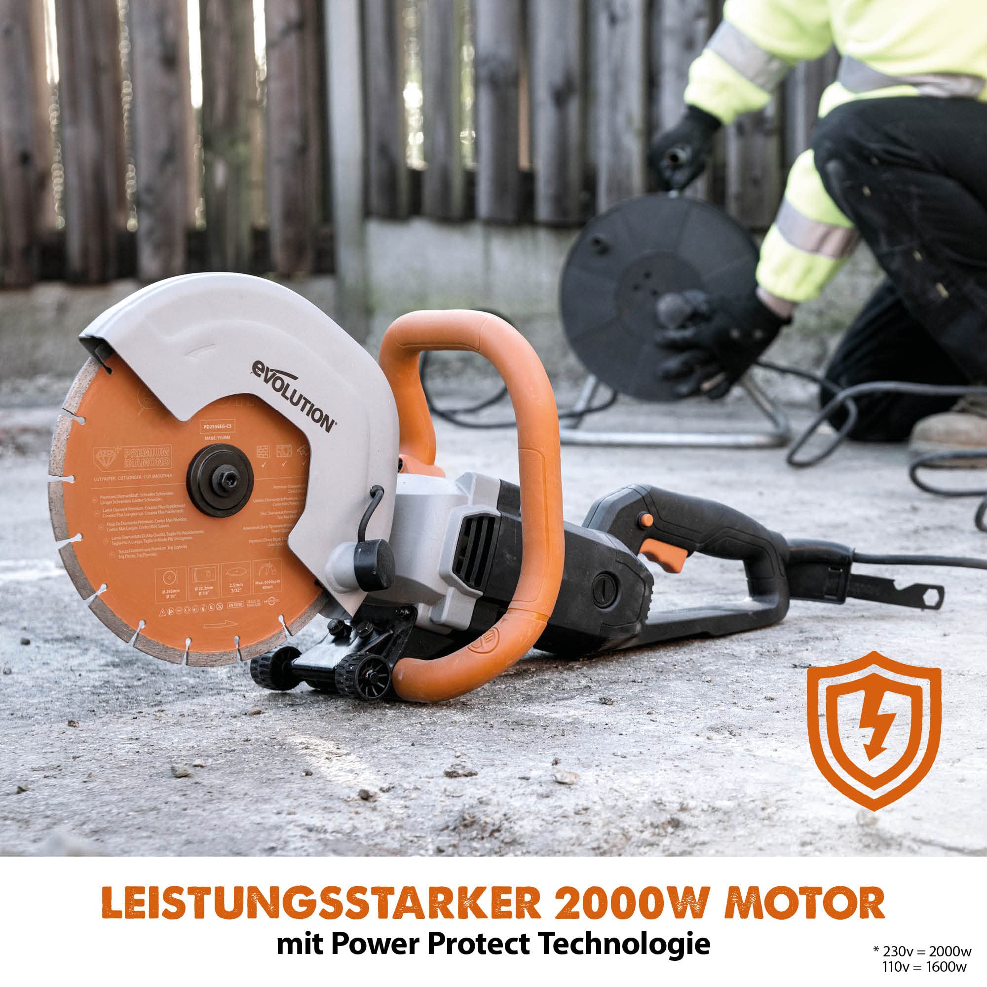 Evolution R255DCT Betonsäge Elektrische Steinsäge 2000W Steinschneidemaschine 255 mm Scheibendurchmesser Sägeblatt Premium Diamantblatt, 102.5 mm Schnitttiefe, schneidet Mauerwerk Gehwegplatten Beton
