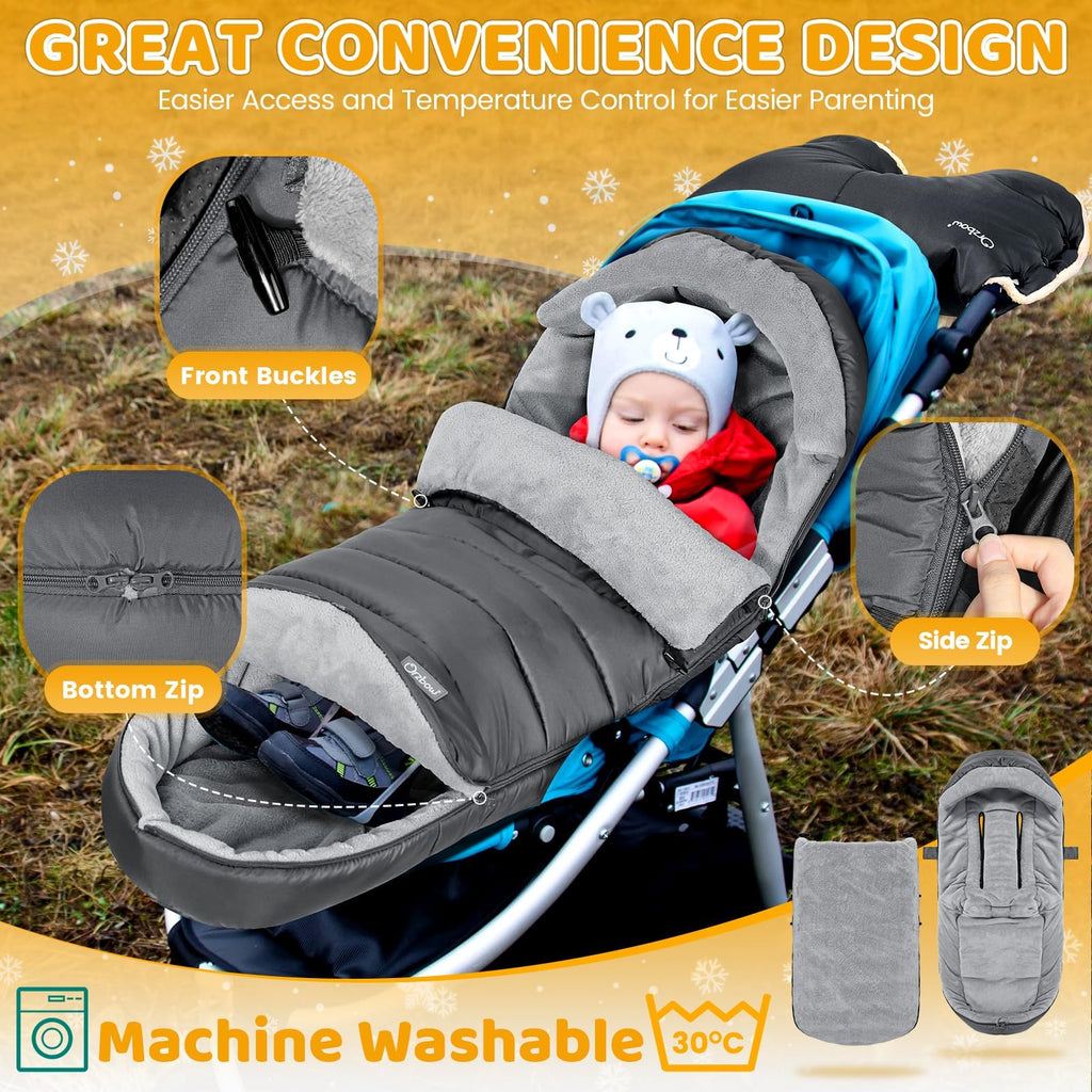 Orzbow Winter Fußsack Kinderwagen, Universeller Fußsack Buggy mit Reißverschluss, Wasserdicht Fusssack Kinderwagen Baby, Anti-Rutsch, Abnehmbar und Waschmaschinenfest, 104cm*44cm, Dunkelgrau