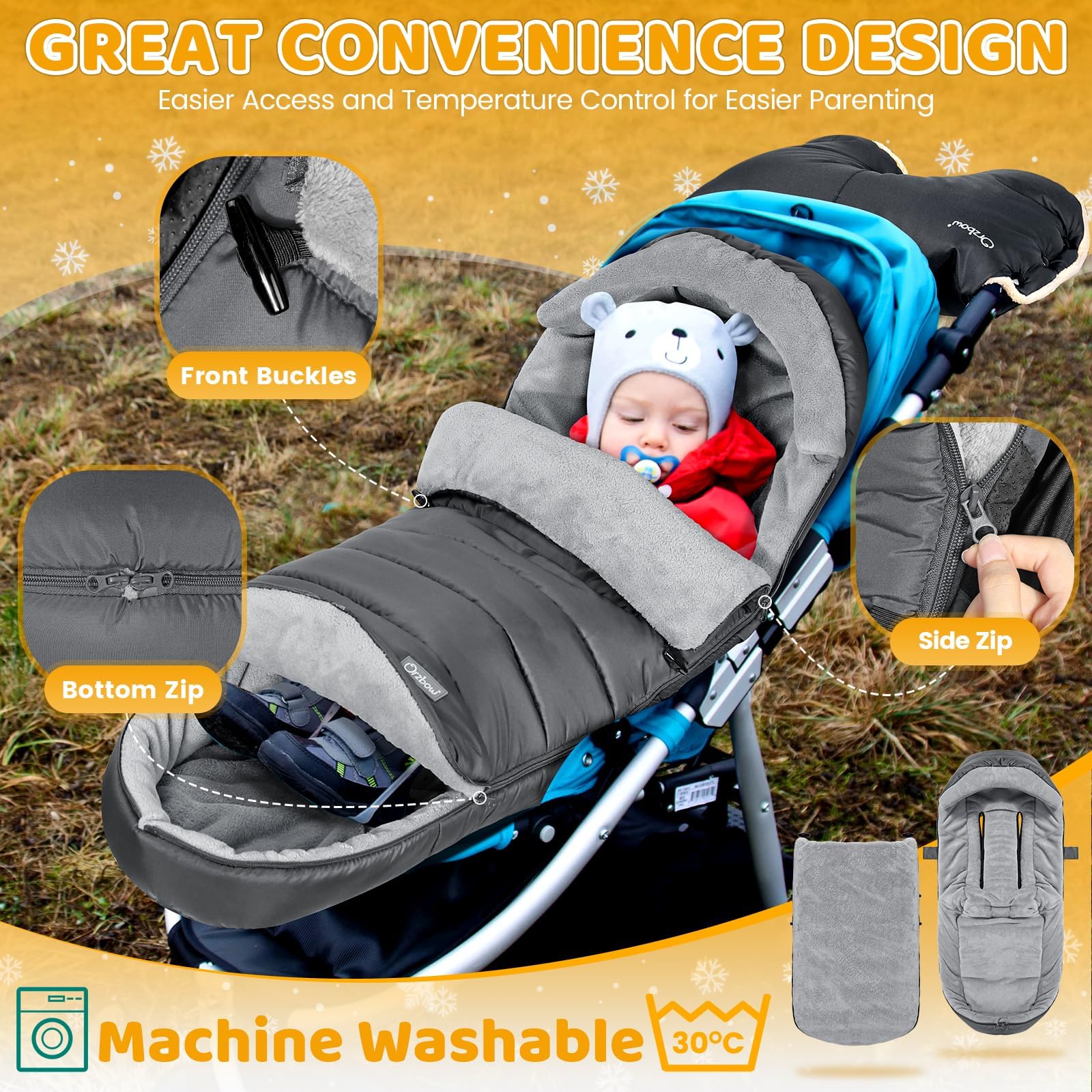 Orzbow Winter Fußsack Kinderwagen, Universeller Fußsack Buggy mit Reißverschluss, Wasserdicht Fusssack Kinderwagen Baby, Anti-Rutsch, Abnehmbar und Waschmaschinenfest, 104cm*44cm, Dunkelgrau