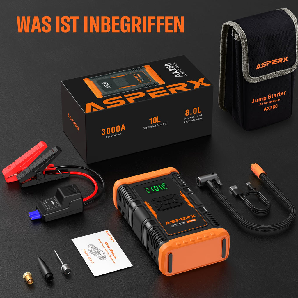 ASPERX Starthilfe Powerbank mit Kompressor,150PSI 3000A Auto Starthilfe Powerbank mit LED Taschenlampe Starthilfekabel,Jump Starter für 12V Motorrad SUV (Bis Zu 10L Benzin Oder 8L Diesel)