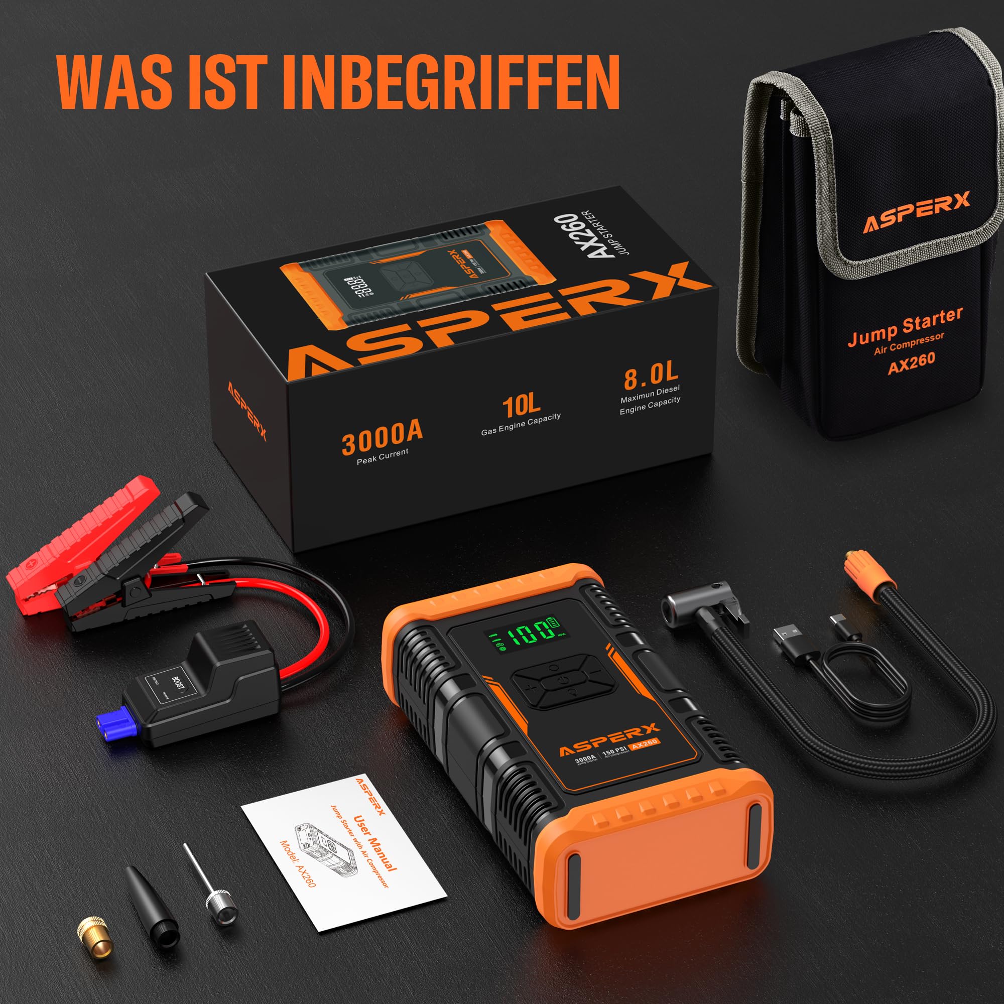 ASPERX Starthilfe Powerbank mit Kompressor,150PSI 3000A Auto Starthilfe Powerbank mit LED Taschenlampe Starthilfekabel,Jump Starter für 12V Motorrad SUV (Bis Zu 10L Benzin Oder 8L Diesel)
