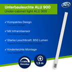 REV Unterbauleuchte Küche LED - Aluminium Schrankbeleuchtung 90cm, 10W, 850 Lumen, 3000K, Küchenbeleuchtung flach mit Sensor, einfache Montage, silber