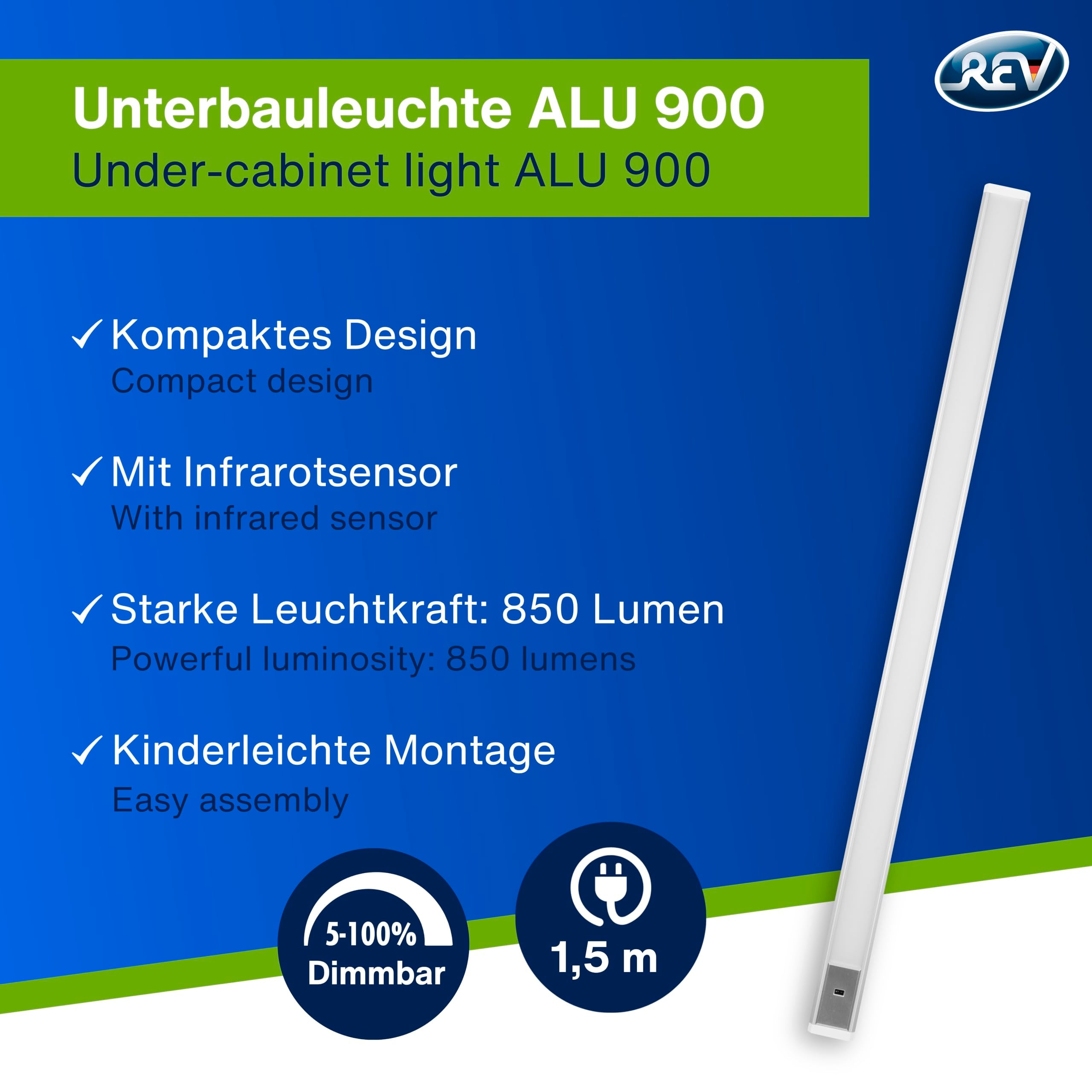 REV Unterbauleuchte Küche LED - Aluminium Schrankbeleuchtung 90cm, 10W, 850 Lumen, 3000K, Küchenbeleuchtung flach mit Sensor, einfache Montage, silber
