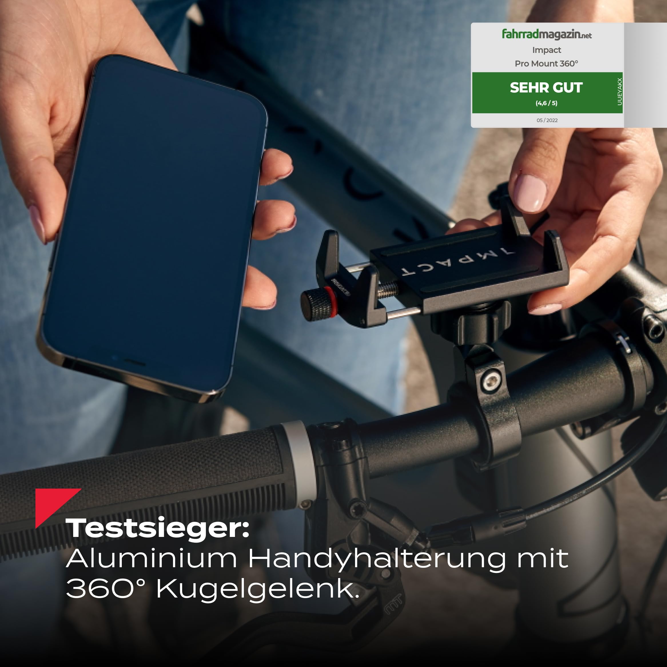 Impact® Pro Mount 360° - Handyhalterung Fahrrad [Smartphone KOMPATIBEL 4-7 Zoll] - Handyhalter Fahrrad - Handyhalterung für Fahrrad Lenker mit Kugelgelenk & Sicherheitsgummi - iPhone 14 15 Pro Max