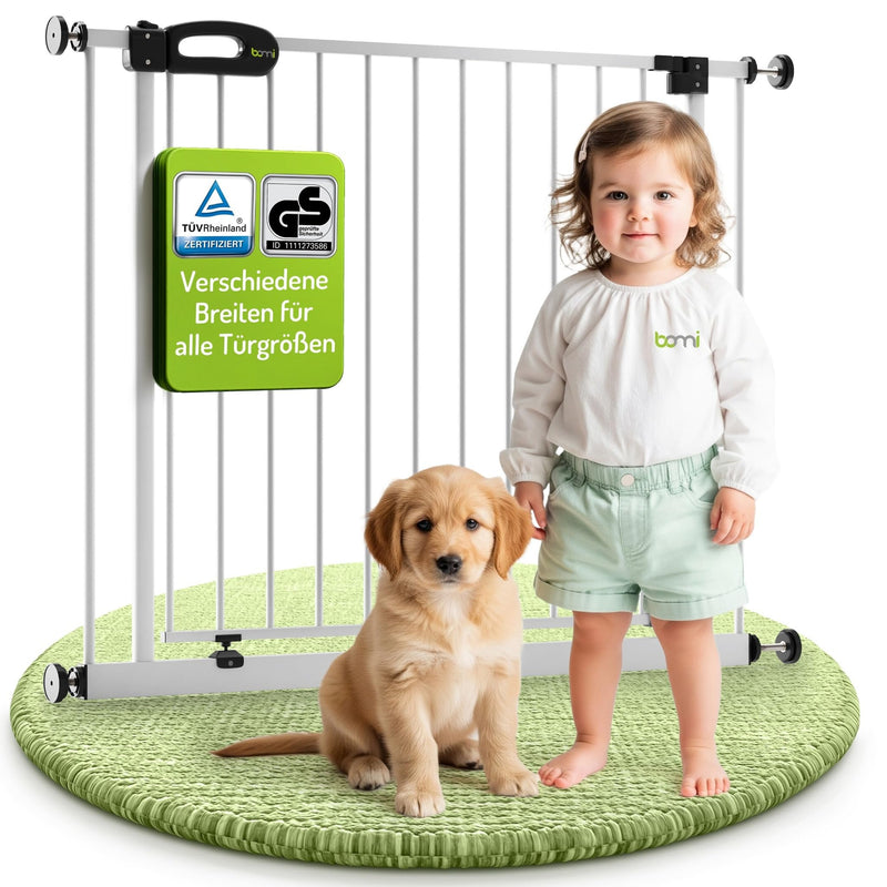 BOMI TÜV GS Siegel Türschutzgitter Gitter XXL Merle | Schließt automatisch | Hundeschutzgitter und Treppenschutzgitter Hund | Stiegenschutzgitter für Geländer und Treppe | Breite: 243-251 cm