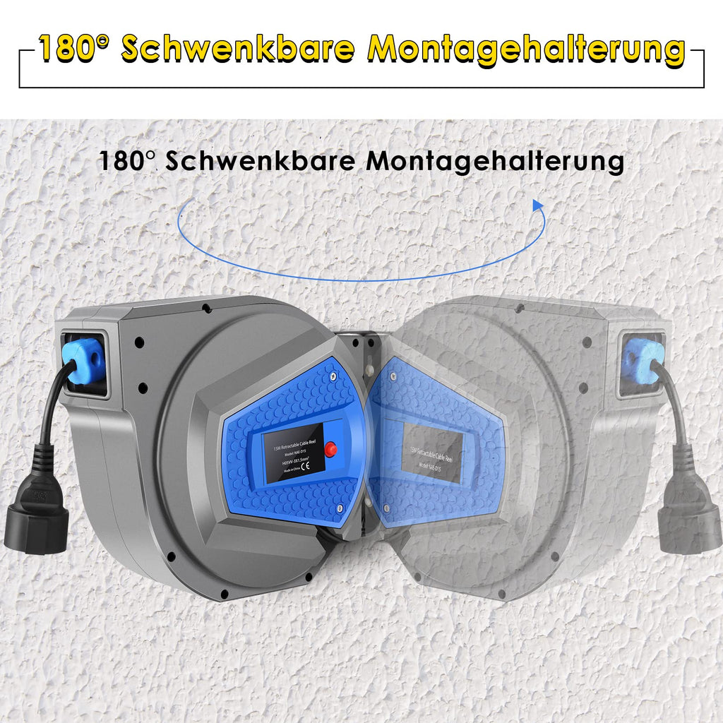 Professionell Automatische Kabeltrommel | 15m+1m Wand- und Deckenmontage | 180° Drehbares Kabel | Spritzwassergeschützt| für Innen- und Außenbereiche | Leistung 1500-3000W