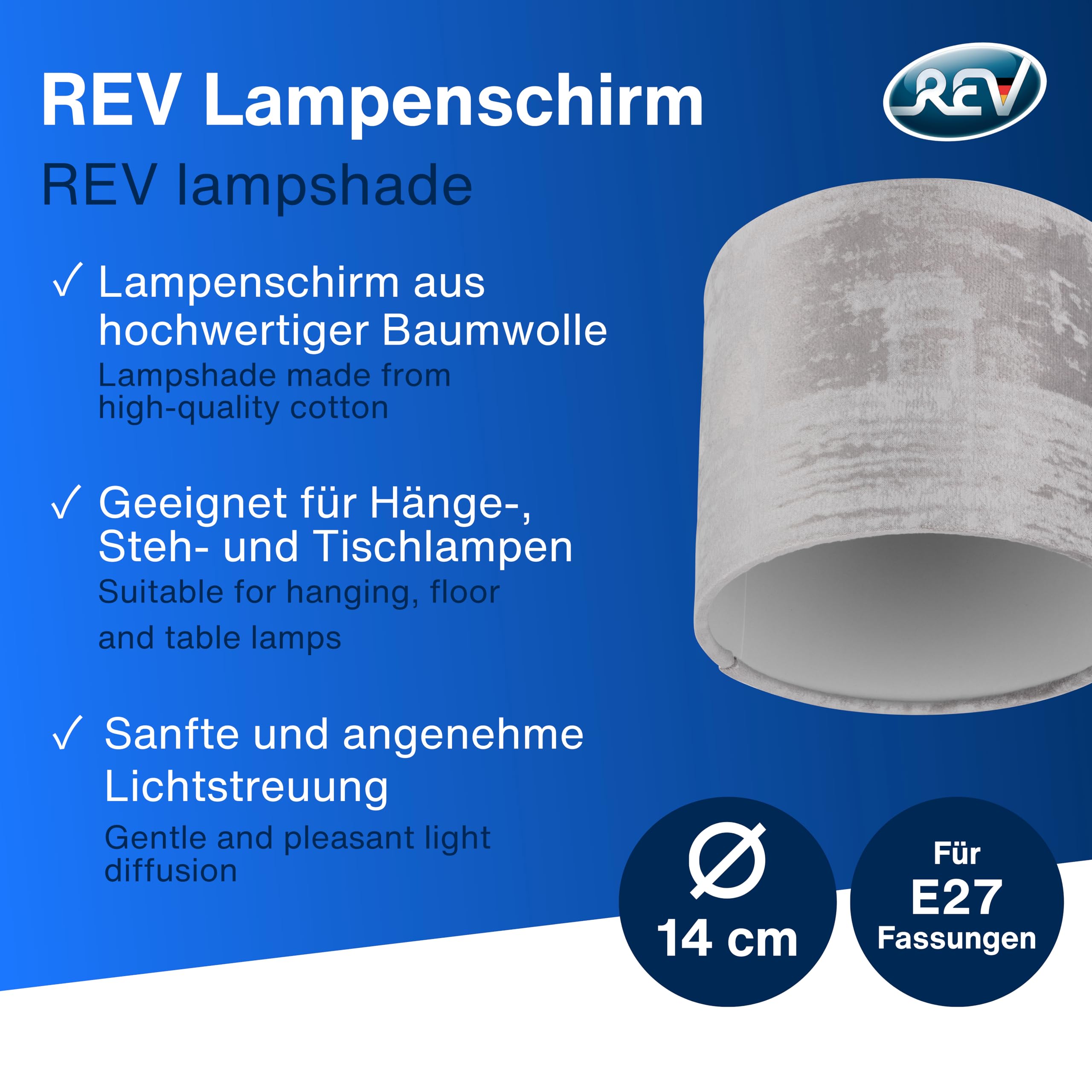 REV Lampenschirm im Vintage Look - Lampenschirm für Tischlampe, Ø 14cm, Ersatzlampenschirm Hänge- und Stehlampe, rund, grau