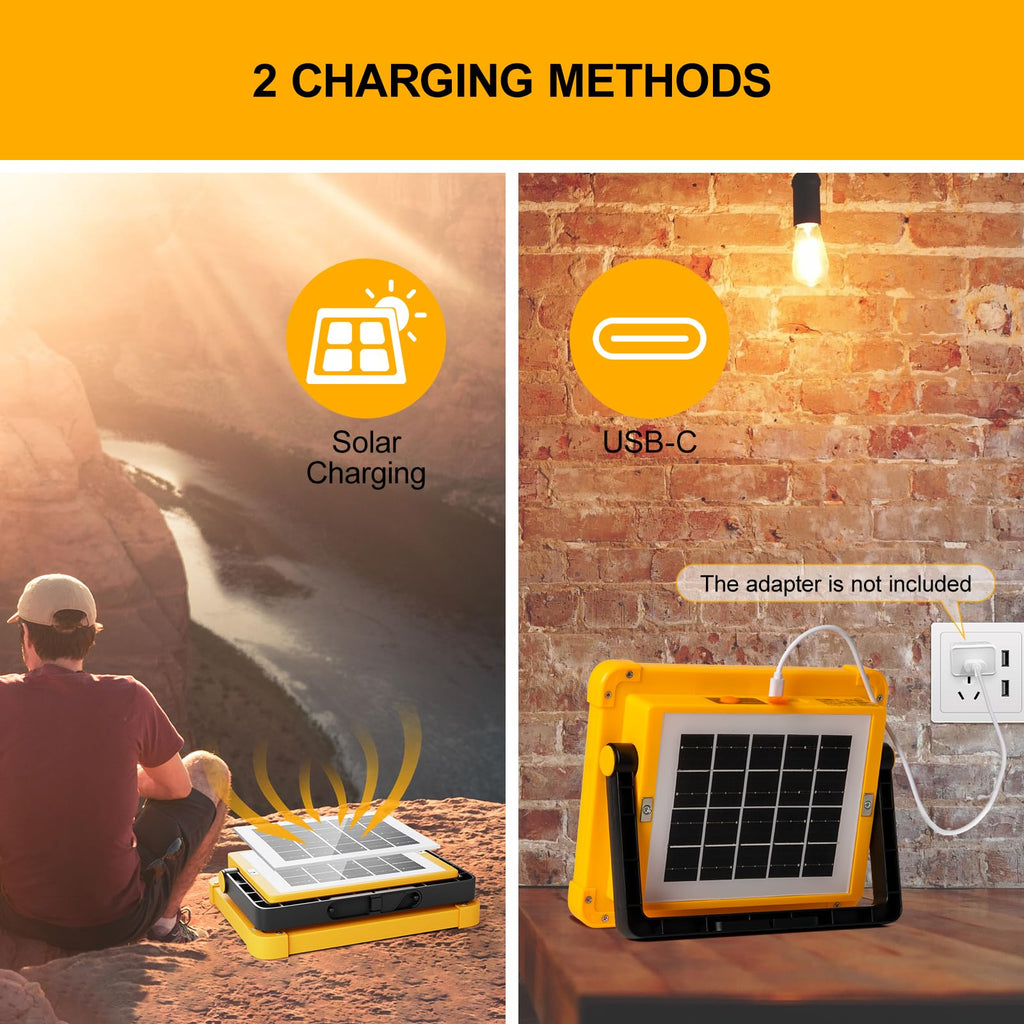 100W LED Baustrahler Akku Solar Arbeitsleuchte Tragbare, 10000LM 12000mAh Akku Arbeitsleuchte USB-Wiederaufladbar, 4 Lichtmodi, Campinglampe Tragbar im Freien für Notfälle, Baustelle, Camping, Garage
