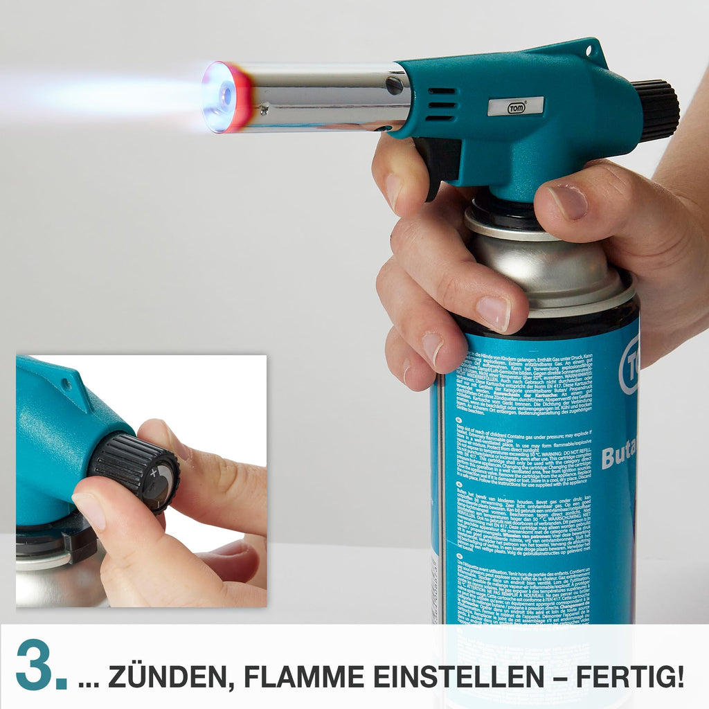 TOM Gasbrenner – Brenneraufsatz - Gaskartuschen mit Bajonettverschluss MSF-1A für Werkstatt, Garten, Küche & Co. – 1300°C – Piezozündung – Lötbrenner – Bunsenbrenner (Gasbrenner mit 4 Gaskartuschen)