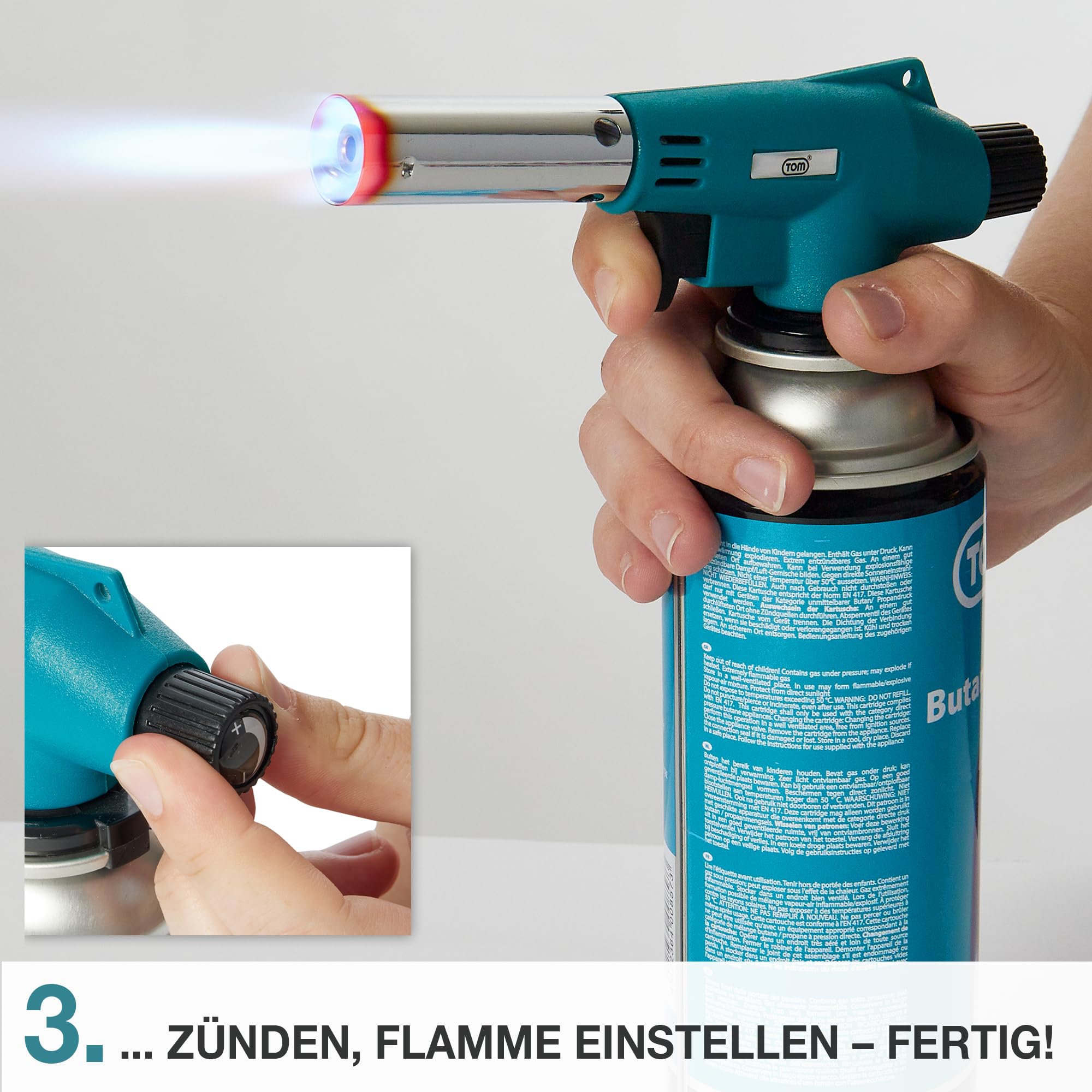 TOM Gasbrenner – Brenneraufsatz - Gaskartuschen mit Bajonettverschluss MSF-1A für Werkstatt, Garten, Küche & Co. – 1300°C – Piezozündung – Lötbrenner – Bunsenbrenner (Gasbrenner mit 4 Gaskartuschen)
