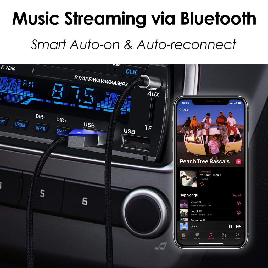 Palovue Bluetooth 5.0 Receiver, Wireless Car Kit for Music Streaming and Hands-Free Calling for Car/Home Stereo with 3.5-mm Aux Port, No Charging Required