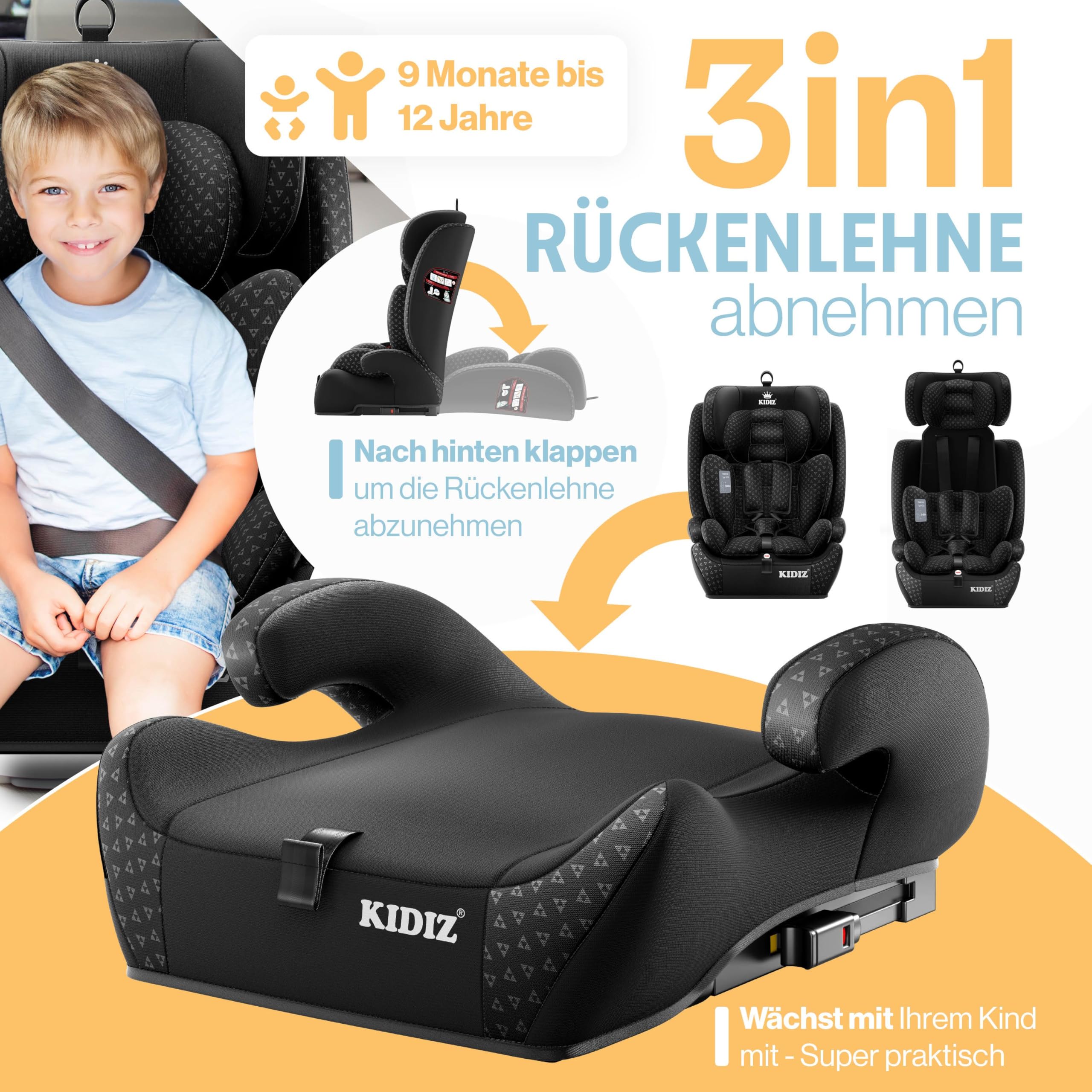 KIDIZ® Autokindersitz Triangle Premium Kindersitz mit Isofix Kinderautositz | Autositz Sitzschale | 9 kg - 36 kg 1-12 Jahre | Gruppe 1/2/3 | universal | zugelassen nach ECE R129/03