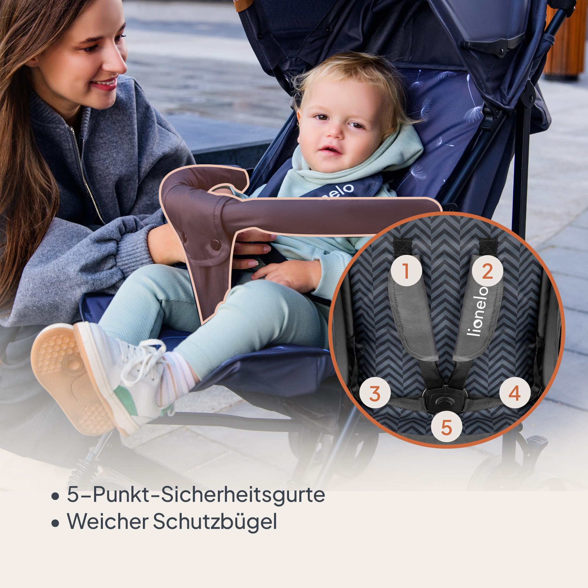 LIONELO Elia Buggy Klein Zusammenklappbar Kinderwagen Bis 15 Kg, Rücken Und Fußstützenverstellung Hinterradbremse, Moskitonetz, Einkaufskorb