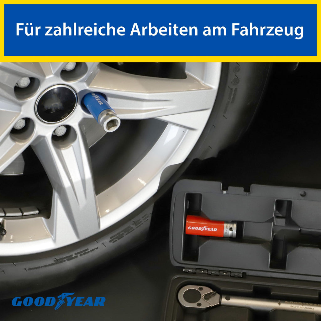 Goodyear Radwechselset, 6-teilig, Drehmomentschlüssel + Umschaltknarre + 3-tlg. Steckschlüsselsatz + Verlängerung, Box, Schwarz