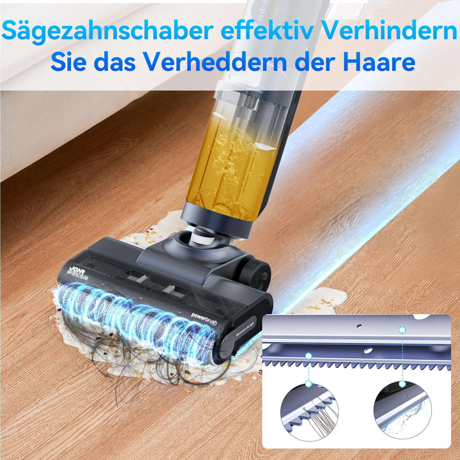 JONR ED12 Pro Nass Trockensauger Akku, Kabelloser Saugwischer, Dreikantenreinigung, Heißwasser-Selbstreinigung Heißluft-Trocknung, 850mL Wassertank, Anti-Verwirrungs-Haar für Hartböden, Tierhaare