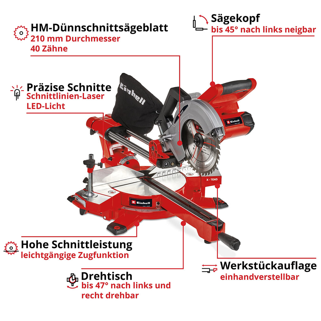 Einhell Akku-Zug-Kapp-Gehrungssäge TE-SM 36/210 Li-Solo Power X-Change (36 V, max. 65 mm x 310 mm Schnitttiefe/-breite, Ø 210 mm Sägeblatt, neigbarer Sägekopf, Laser, ohne Akku)