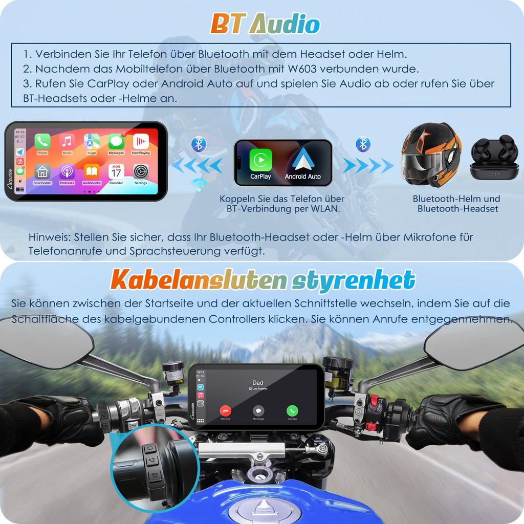 Carpuride W603 Motorrad-Carplay-Bildschirm, Kabelloses CarPlay und Android Auto für Moto, Fernbedienung, 6,3-Zoll-wasserdichter Touchscreen, BT Audio, GPS-Navigation, Siri, G00gle-Assistent