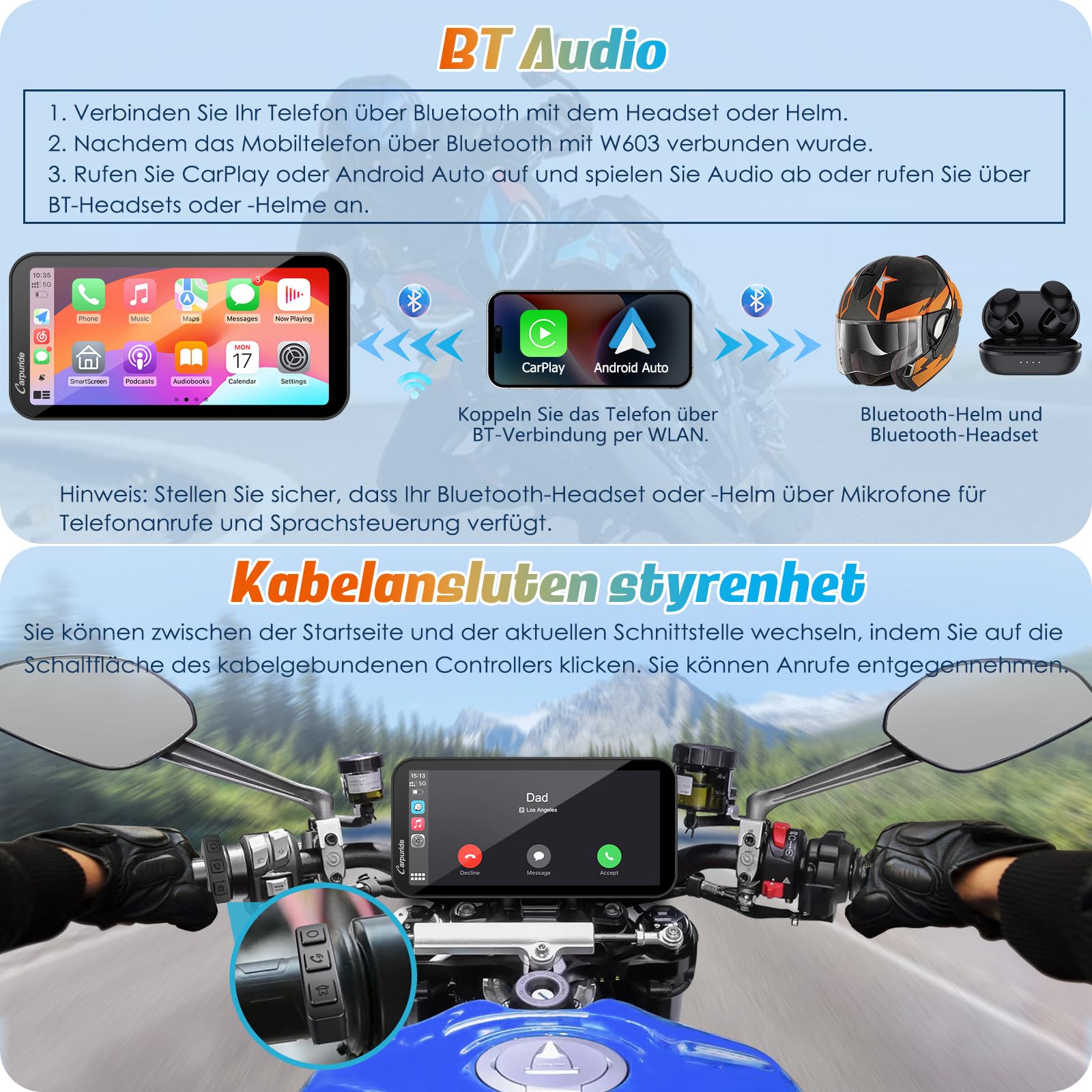 Carpuride W603 Motorrad-Carplay-Bildschirm, Kabelloses CarPlay und Android Auto für Moto, Fernbedienung, 6,3-Zoll-wasserdichter Touchscreen, BT Audio, GPS-Navigation, Siri, G00gle-Assistent
