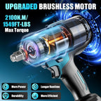 HECUSAM 2100 N.m Akku Schlagschrauber, 3/4" Bürstenloser Motor Schlagschrauber mit zwei Batterie,1/2-Zoll-Adapter, Drehschlagschrauber und Fall für Haus und schwerer Maschinen