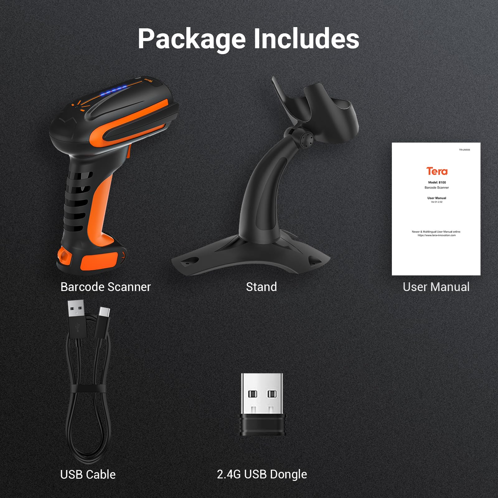 Tera Pro 3 in 1 Extreme Leistung Barcodescanner Kabellos 1D 2D QR Bluetooth Kabellos 2,4G & Kabelgebunden USB-C Industriell 1D Barcode Scanner 2500mAh Exzellente Fallfestigkeit mit Ständer 8100 Orange